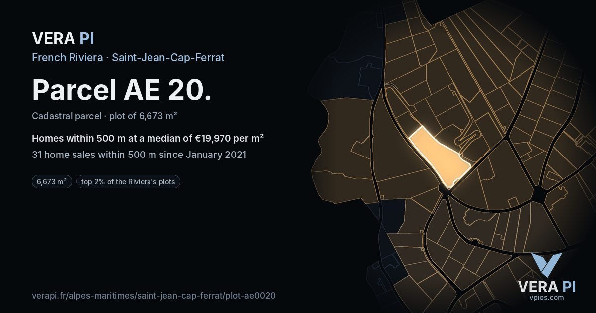 Parcel AE 20, Saint-Jean-Cap-Ferrat at night – the plot lit, the parcels around coloured by the prices near them