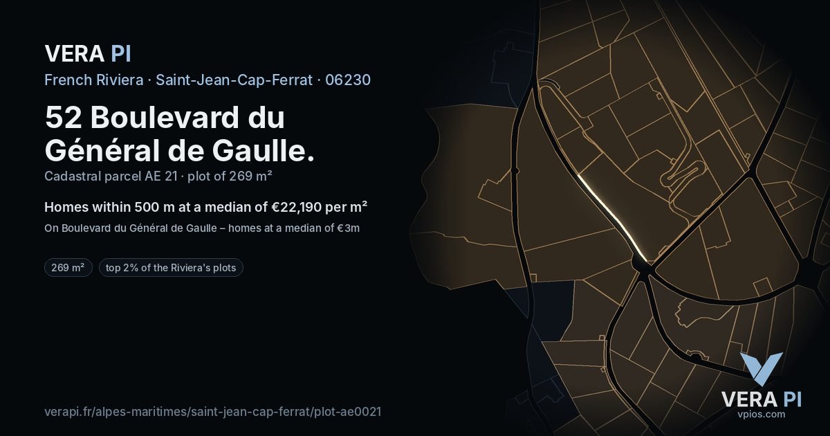 52 Boulevard du Général de Gaulle, Saint-Jean-Cap-Ferrat at night – the plot lit, the parcels around coloured by the prices near them