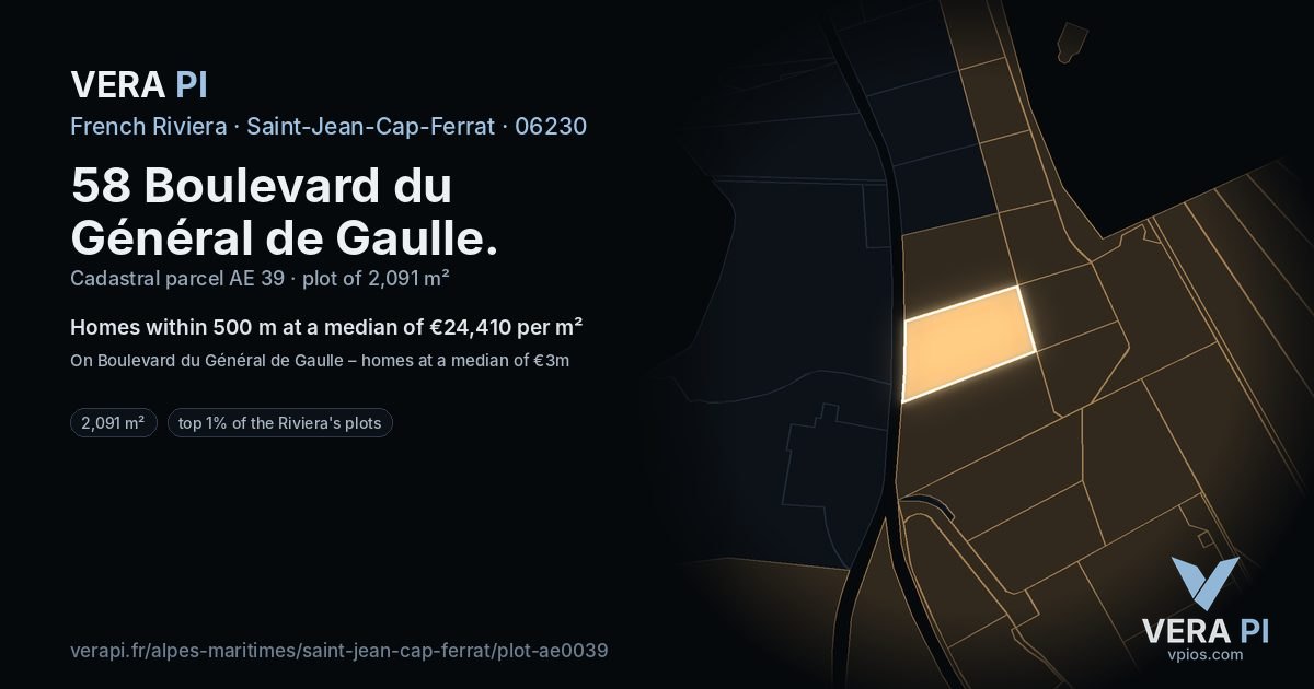 58 Boulevard du Général de Gaulle, Saint-Jean-Cap-Ferrat at night – the plot lit, the parcels around coloured by the prices near them