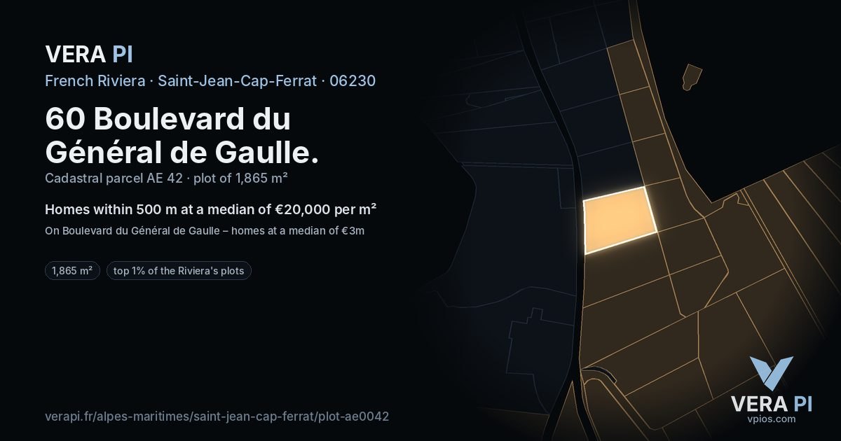 60 Boulevard du Général de Gaulle, Saint-Jean-Cap-Ferrat at night – the plot lit, the parcels around coloured by the prices near them
