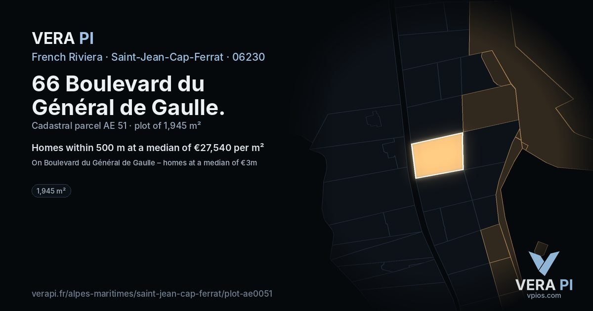 66 Boulevard du Général de Gaulle, Saint-Jean-Cap-Ferrat at night – the plot lit, the parcels around coloured by the prices near them