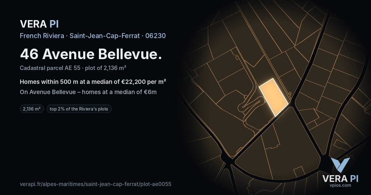 46 Avenue Bellevue, Saint-Jean-Cap-Ferrat at night – the plot lit, the parcels around coloured by the prices near them