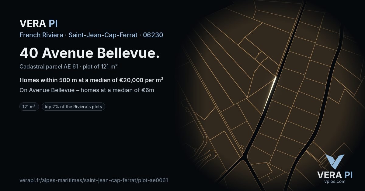 40 Avenue Bellevue, Saint-Jean-Cap-Ferrat at night – the plot lit, the parcels around coloured by the prices near them