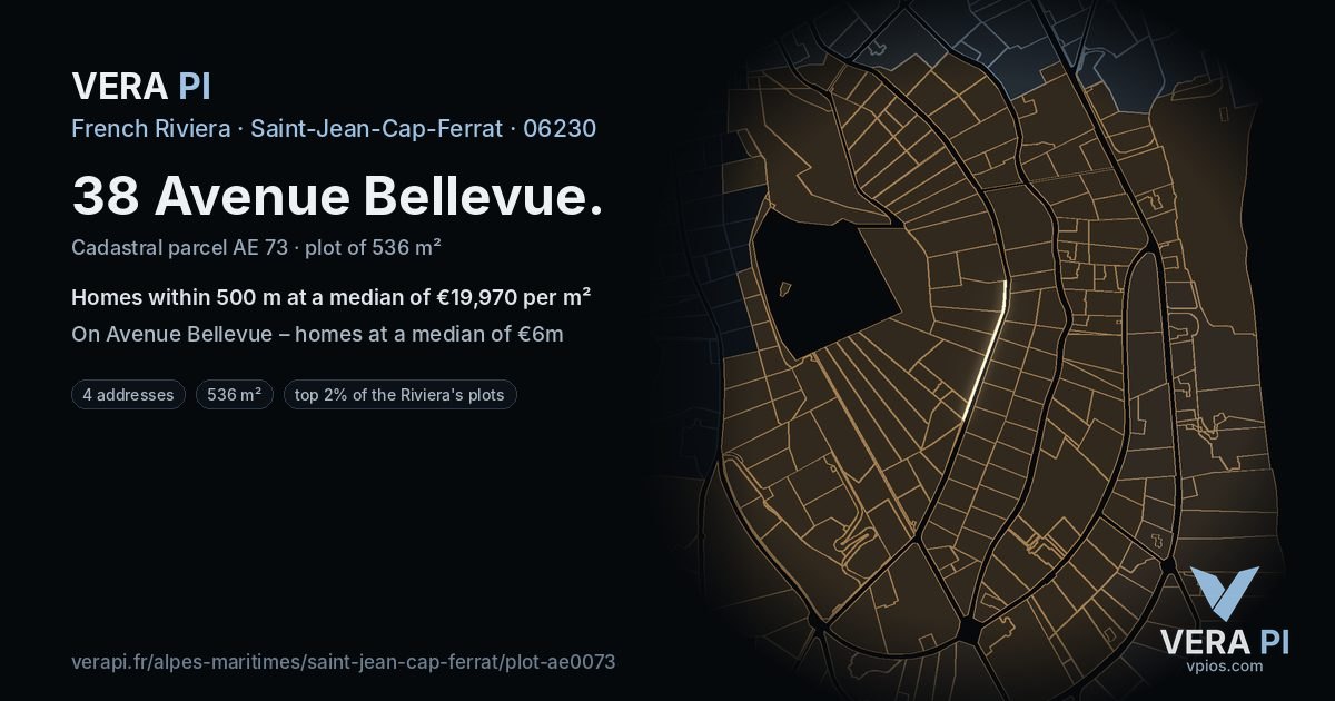 38 Avenue Bellevue, Saint-Jean-Cap-Ferrat at night – the plot lit, the parcels around coloured by the prices near them