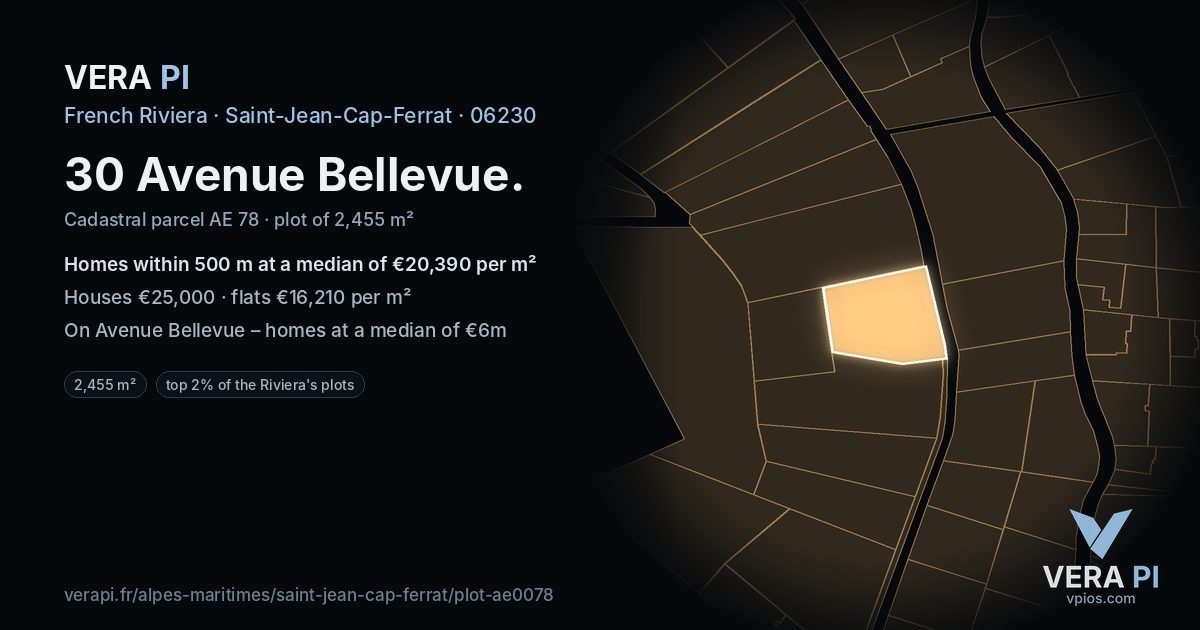 30 Avenue Bellevue, Saint-Jean-Cap-Ferrat at night – the plot lit, the parcels around coloured by the prices near them