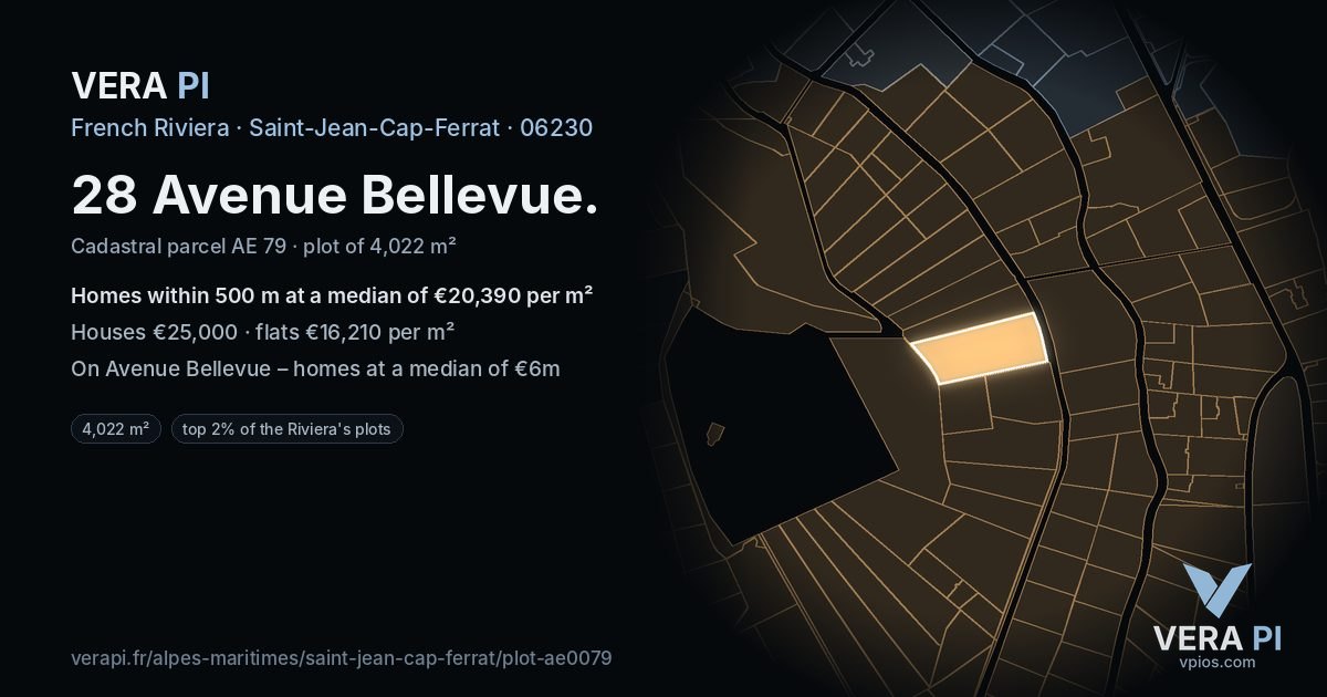 28 Avenue Bellevue, Saint-Jean-Cap-Ferrat at night – the plot lit, the parcels around coloured by the prices near them