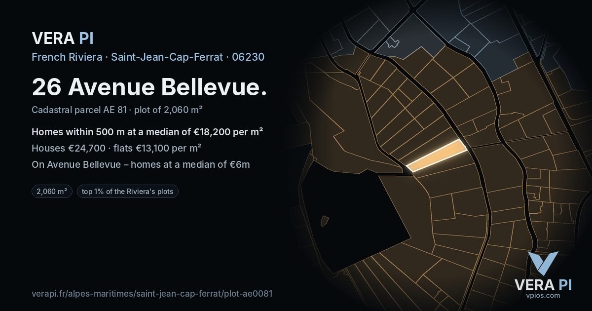 26 Avenue Bellevue, Saint-Jean-Cap-Ferrat at night – the plot lit, the parcels around coloured by the prices near them