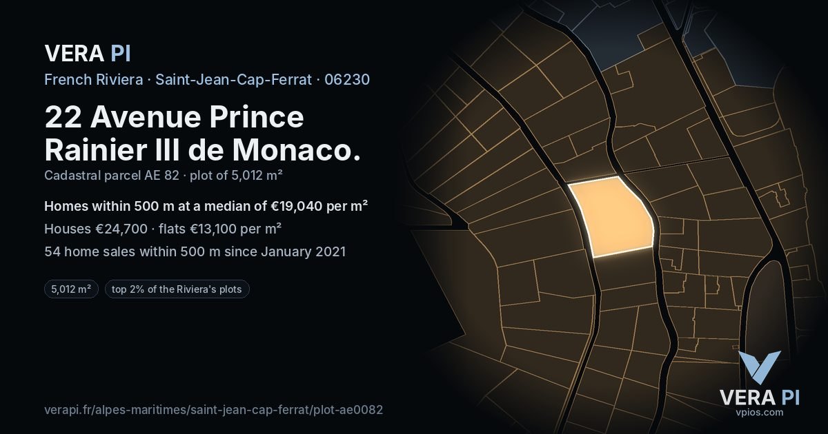 22 Avenue Prince Rainier III de Monaco, Saint-Jean-Cap-Ferrat at night – the plot lit, the parcels around coloured by the prices near them