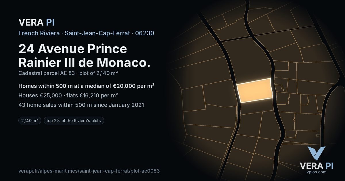 24 Avenue Prince Rainier III de Monaco, Saint-Jean-Cap-Ferrat at night – the plot lit, the parcels around coloured by the prices near them