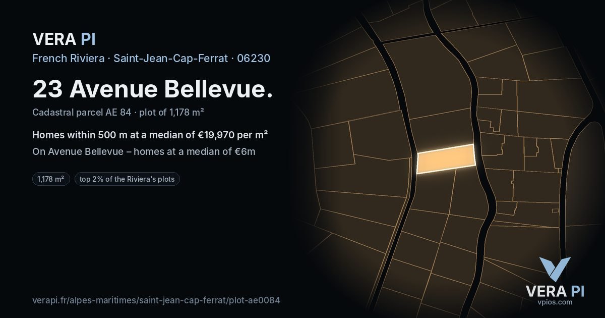 23 Avenue Bellevue, Saint-Jean-Cap-Ferrat at night – the plot lit, the parcels around coloured by the prices near them