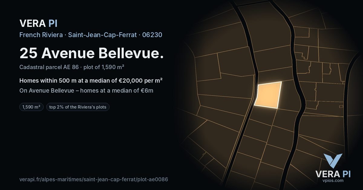 25 Avenue Bellevue, Saint-Jean-Cap-Ferrat at night – the plot lit, the parcels around coloured by the prices near them