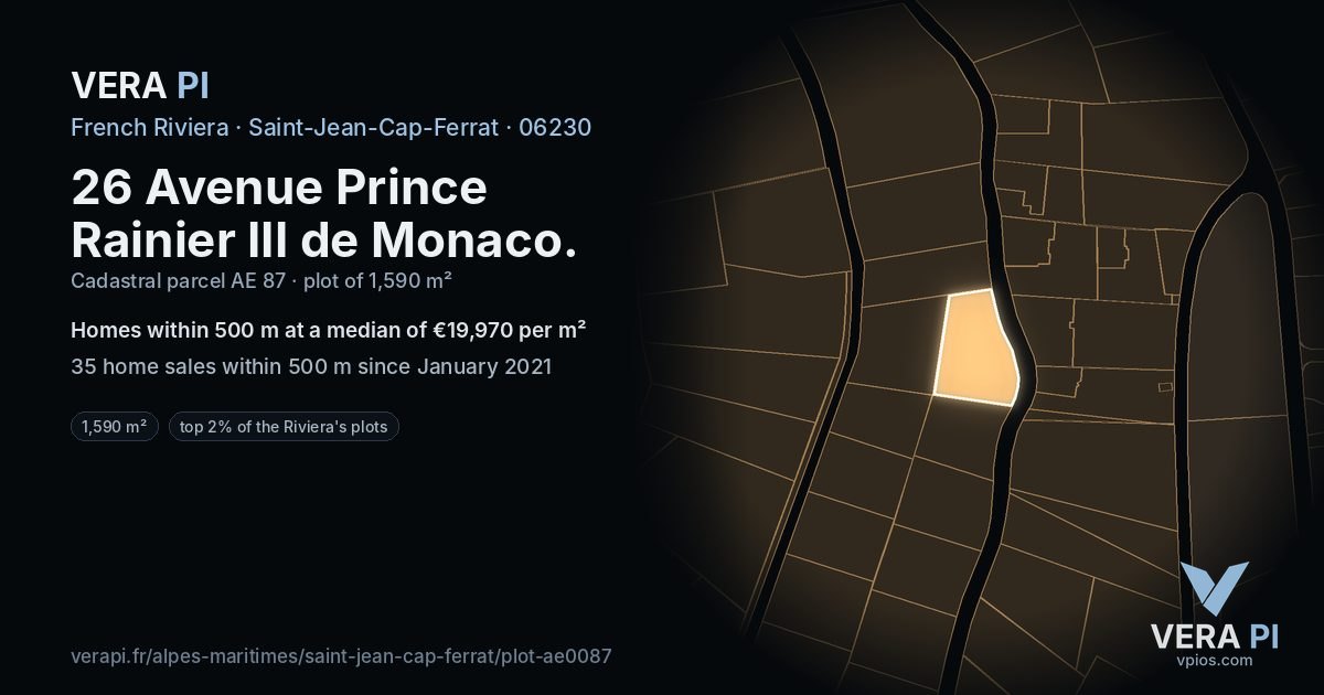 26 Avenue Prince Rainier III de Monaco, Saint-Jean-Cap-Ferrat at night – the plot lit, the parcels around coloured by the prices near them