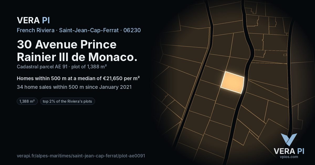 30 Avenue Prince Rainier III de Monaco, Saint-Jean-Cap-Ferrat at night – the plot lit, the parcels around coloured by the prices near them