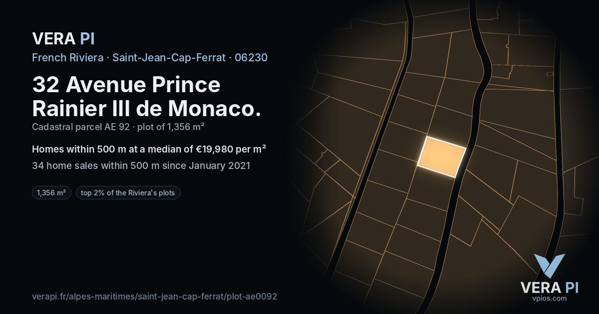 32 Avenue Prince Rainier III de Monaco, Saint-Jean-Cap-Ferrat at night – the plot lit, the parcels around coloured by the prices near them