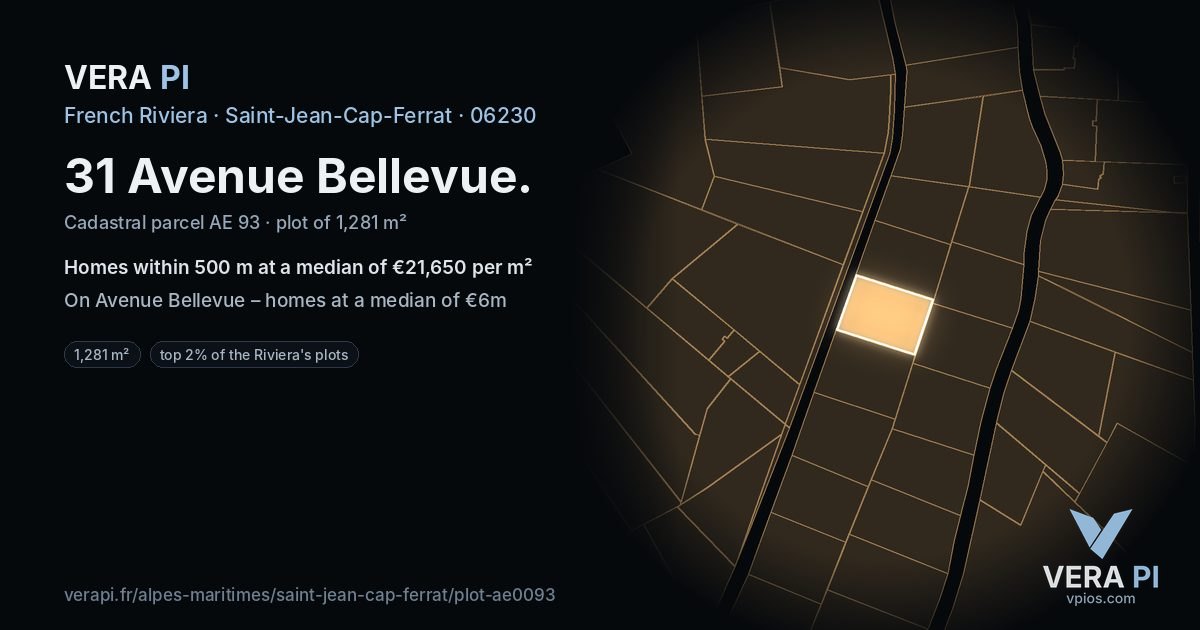 31 Avenue Bellevue, Saint-Jean-Cap-Ferrat at night – the plot lit, the parcels around coloured by the prices near them