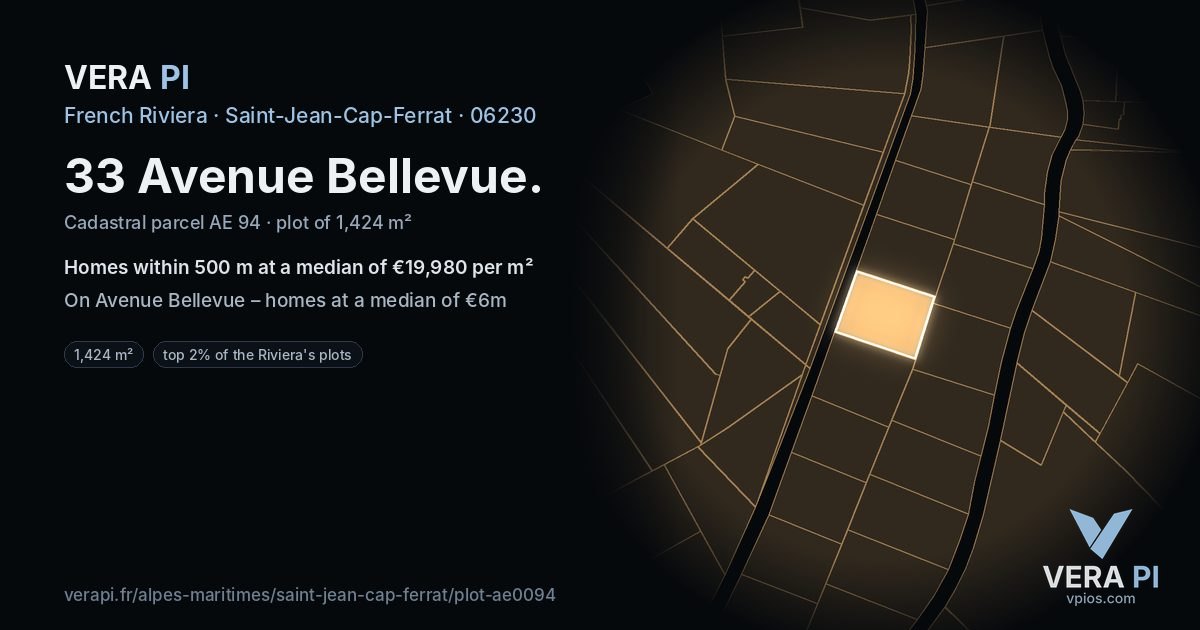 33 Avenue Bellevue, Saint-Jean-Cap-Ferrat at night – the plot lit, the parcels around coloured by the prices near them