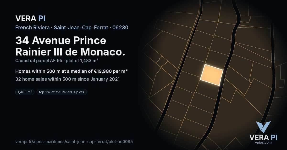 34 Avenue Prince Rainier III de Monaco, Saint-Jean-Cap-Ferrat at night – the plot lit, the parcels around coloured by the prices near them