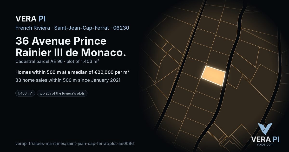 36 Avenue Prince Rainier III de Monaco, Saint-Jean-Cap-Ferrat at night – the plot lit, the parcels around coloured by the prices near them