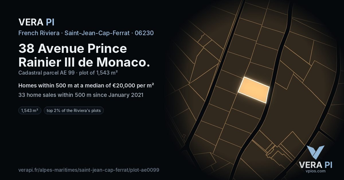 38 Avenue Prince Rainier III de Monaco, Saint-Jean-Cap-Ferrat at night – the plot lit, the parcels around coloured by the prices near them