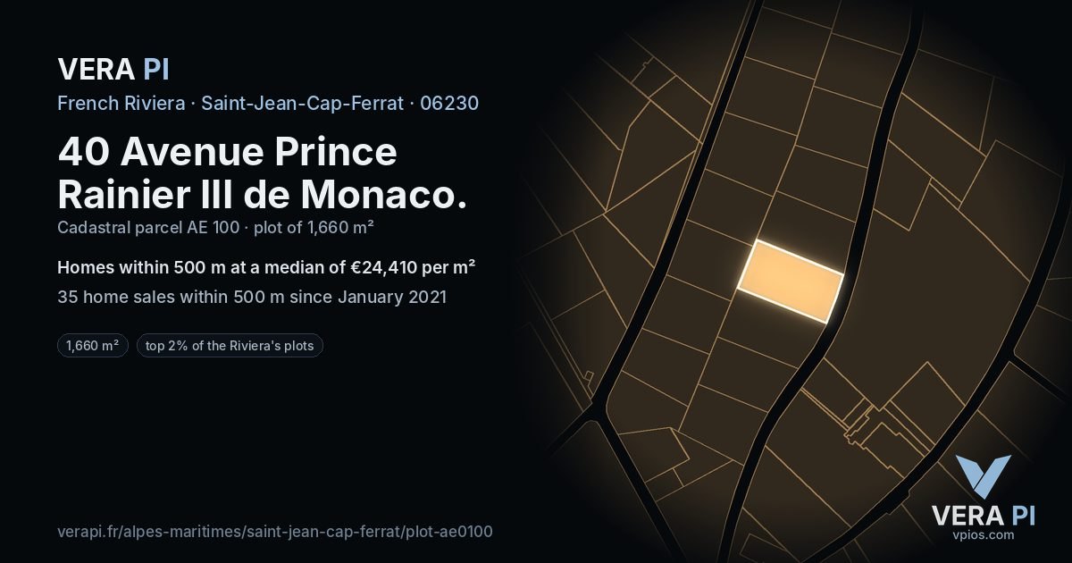 40 Avenue Prince Rainier III de Monaco, Saint-Jean-Cap-Ferrat at night – the plot lit, the parcels around coloured by the prices near them