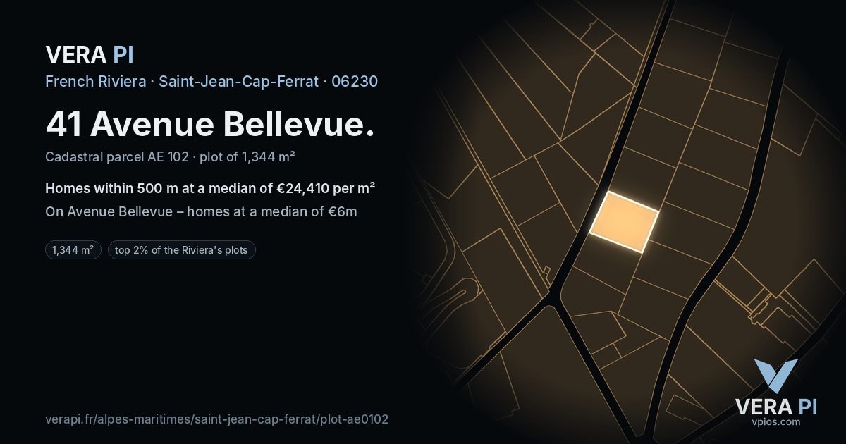 41 Avenue Bellevue, Saint-Jean-Cap-Ferrat at night – the plot lit, the parcels around coloured by the prices near them