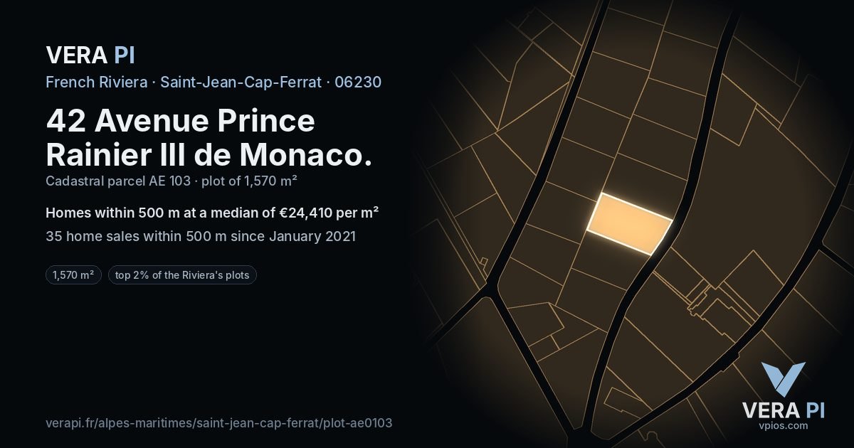 42 Avenue Prince Rainier III de Monaco, Saint-Jean-Cap-Ferrat at night – the plot lit, the parcels around coloured by the prices near them