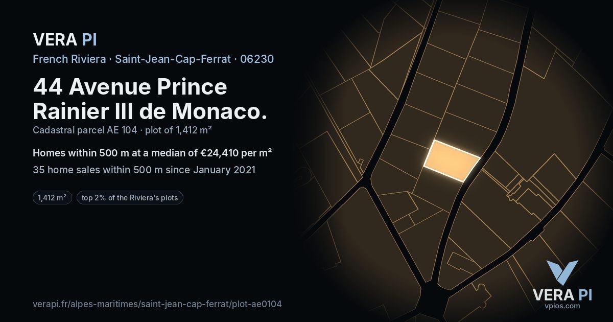 44 Avenue Prince Rainier III de Monaco, Saint-Jean-Cap-Ferrat at night – the plot lit, the parcels around coloured by the prices near them