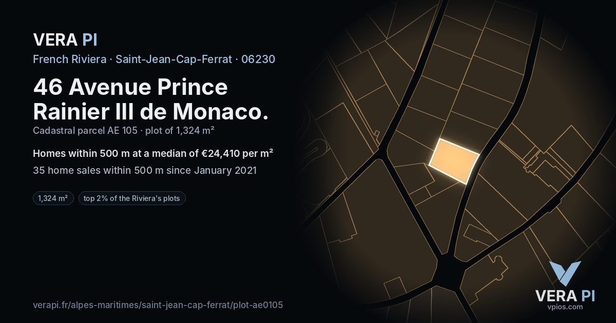 46 Avenue Prince Rainier III de Monaco, Saint-Jean-Cap-Ferrat at night – the plot lit, the parcels around coloured by the prices near them