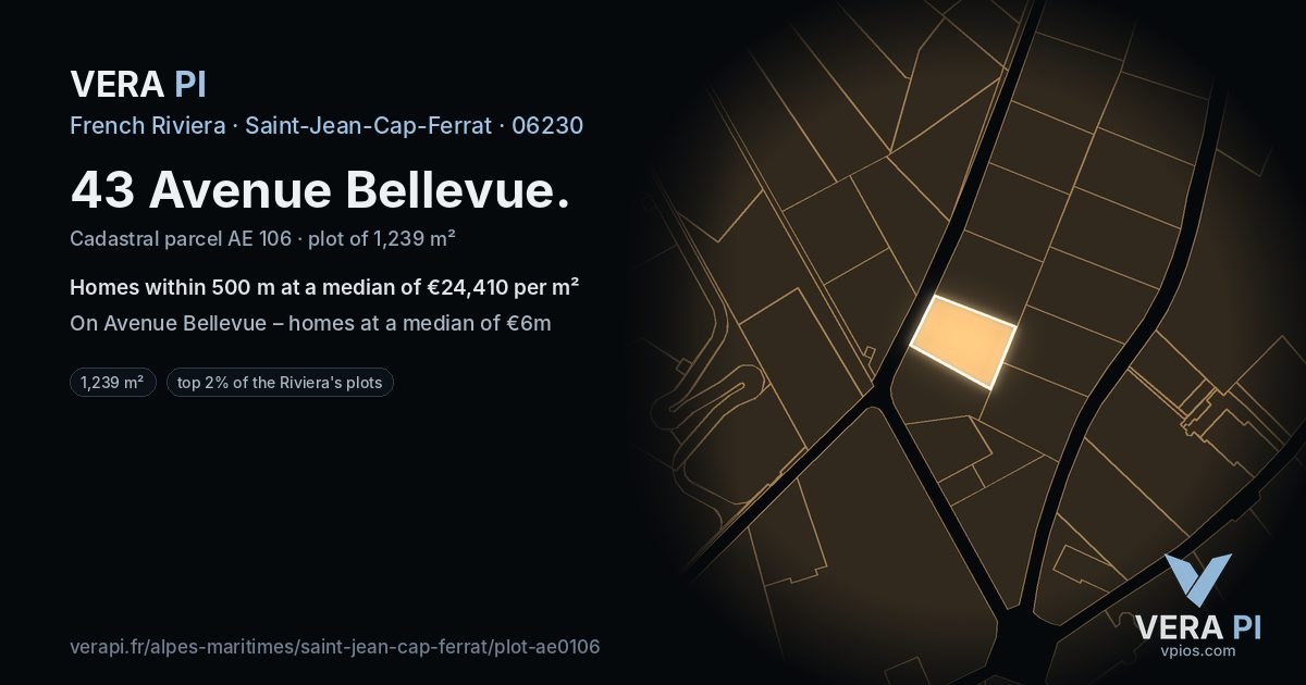43 Avenue Bellevue, Saint-Jean-Cap-Ferrat at night – the plot lit, the parcels around coloured by the prices near them