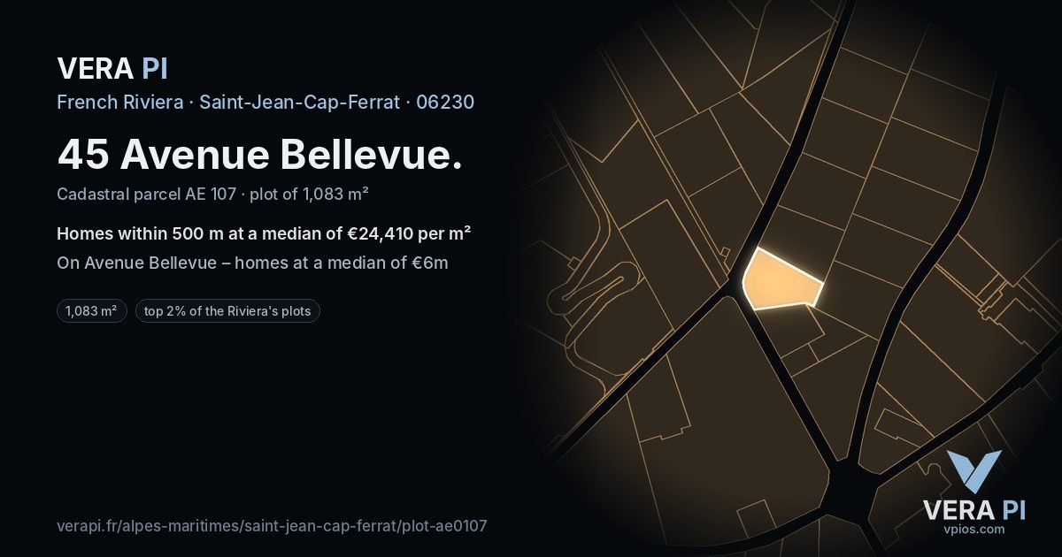 45 Avenue Bellevue, Saint-Jean-Cap-Ferrat at night – the plot lit, the parcels around coloured by the prices near them