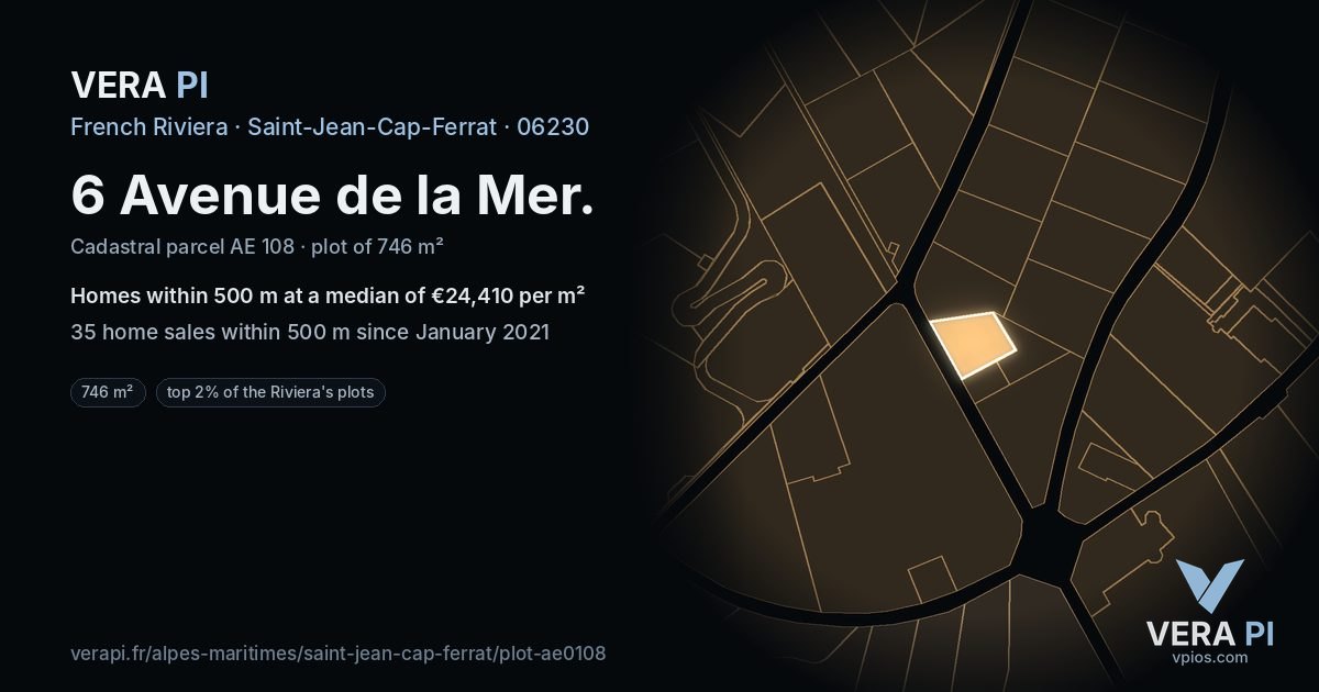 6 Avenue de la Mer, Saint-Jean-Cap-Ferrat at night – the plot lit, the parcels around coloured by the prices near them