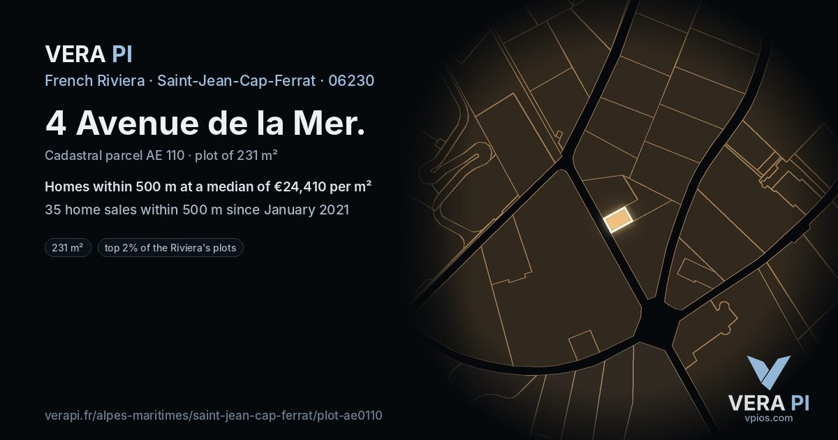 4 Avenue de la Mer, Saint-Jean-Cap-Ferrat at night – the plot lit, the parcels around coloured by the prices near them