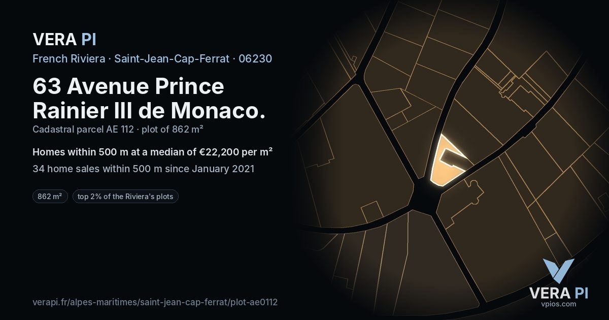 63 Avenue Prince Rainier III de Monaco, Saint-Jean-Cap-Ferrat at night – the plot lit, the parcels around coloured by the prices near them