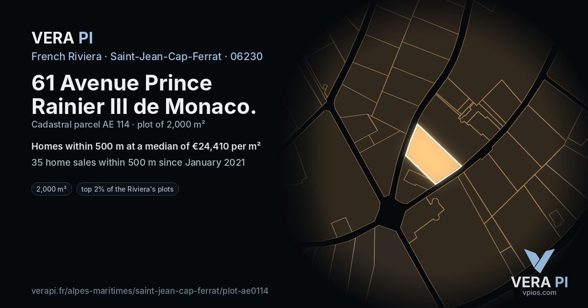 61 Avenue Prince Rainier III de Monaco, Saint-Jean-Cap-Ferrat at night – the plot lit, the parcels around coloured by the prices near them