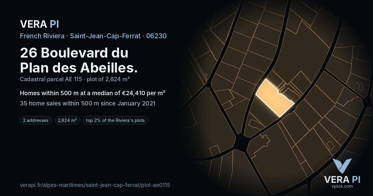 26 Boulevard du Plan des Abeilles, Saint-Jean-Cap-Ferrat at night – the plot lit, the parcels around coloured by the prices near them