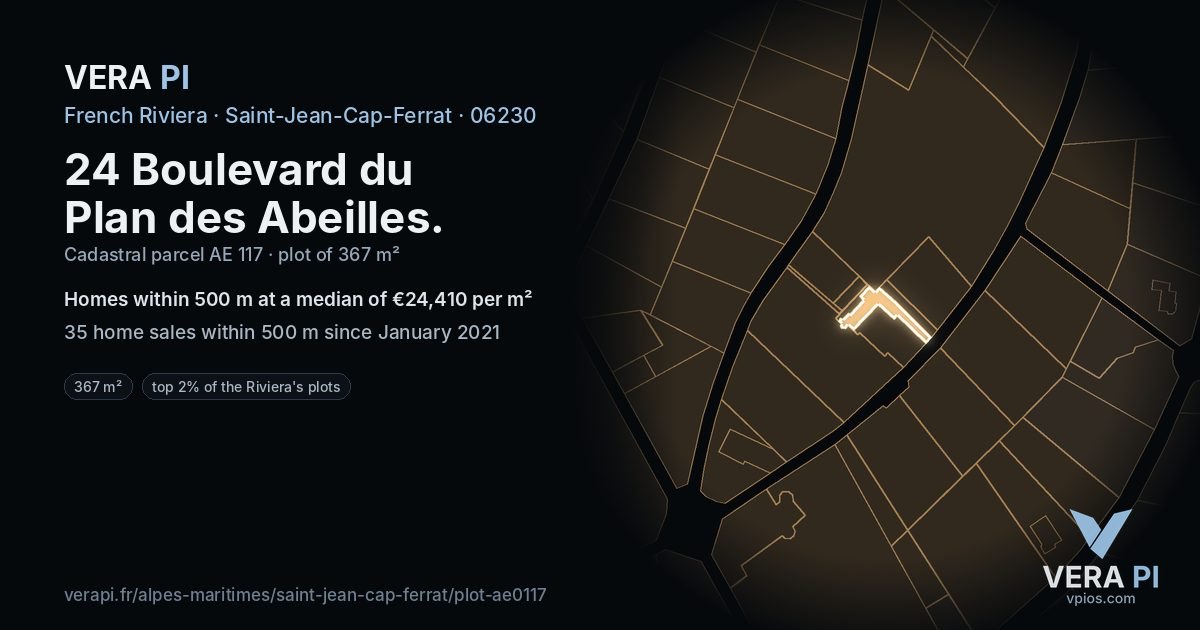 24 Boulevard du Plan des Abeilles, Saint-Jean-Cap-Ferrat at night – the plot lit, the parcels around coloured by the prices near them