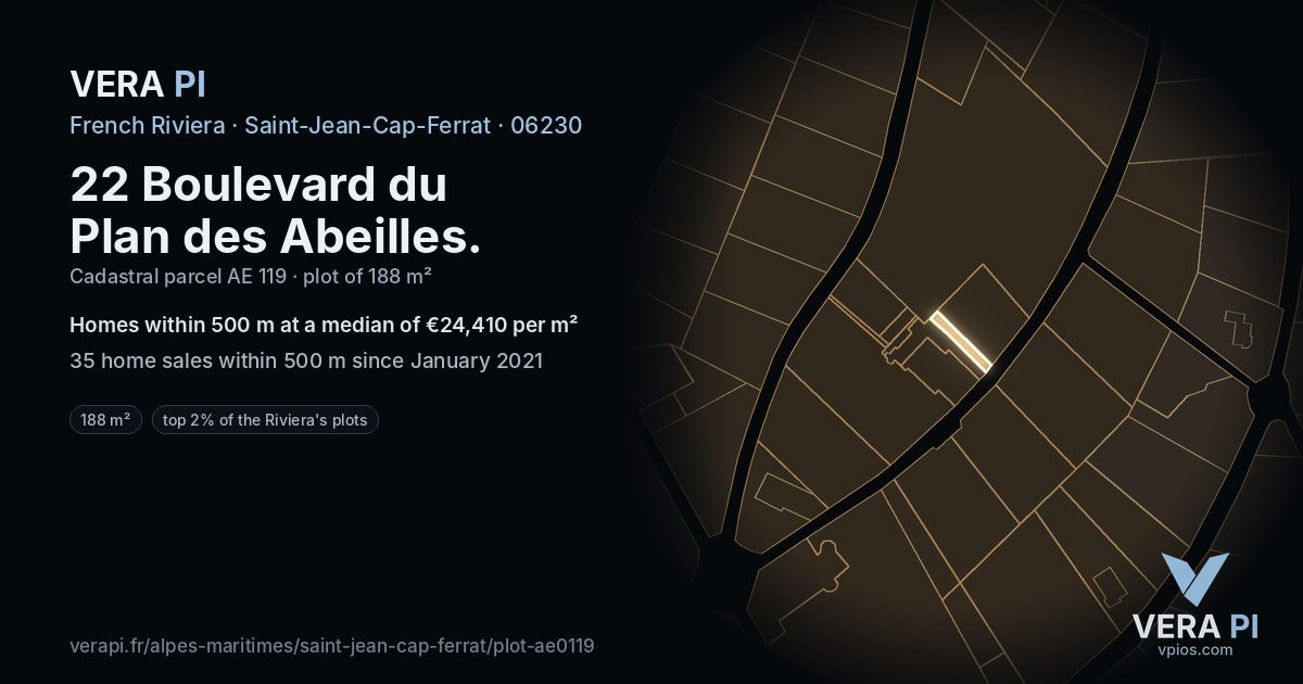 22 Boulevard du Plan des Abeilles, Saint-Jean-Cap-Ferrat at night – the plot lit, the parcels around coloured by the prices near them