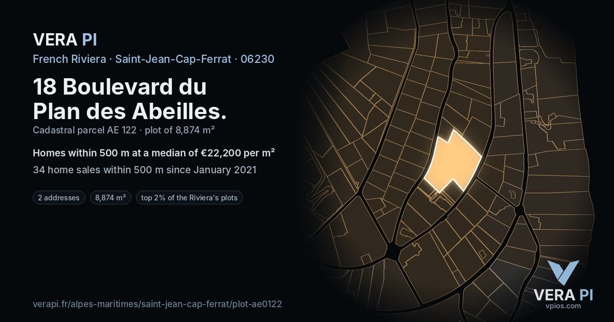18 Boulevard du Plan des Abeilles, Saint-Jean-Cap-Ferrat at night – the plot lit, the parcels around coloured by the prices near them