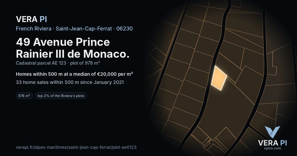 49 Avenue Prince Rainier III de Monaco, Saint-Jean-Cap-Ferrat at night – the plot lit, the parcels around coloured by the prices near them