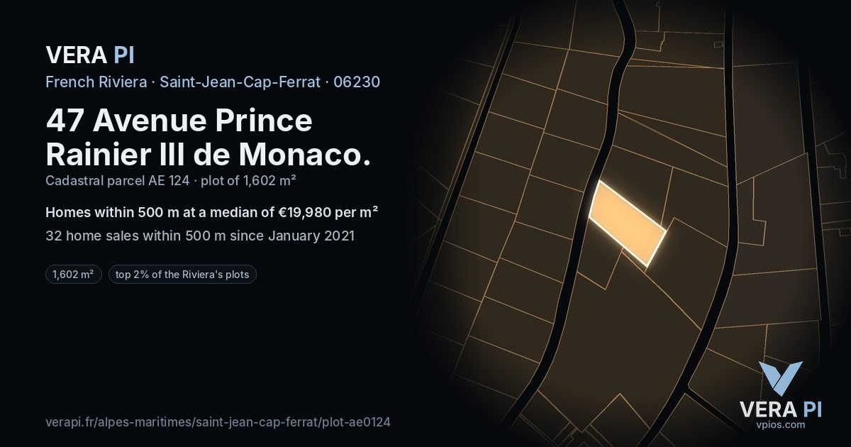 47 Avenue Prince Rainier III de Monaco, Saint-Jean-Cap-Ferrat at night – the plot lit, the parcels around coloured by the prices near them