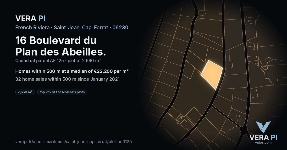 16 Boulevard du Plan des Abeilles, Saint-Jean-Cap-Ferrat at night – the plot lit, the parcels around coloured by the prices near them