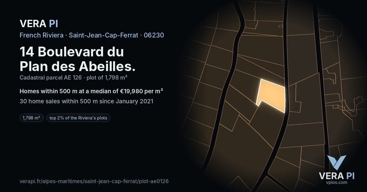 14 Boulevard du Plan des Abeilles, Saint-Jean-Cap-Ferrat at night – the plot lit, the parcels around coloured by the prices near them