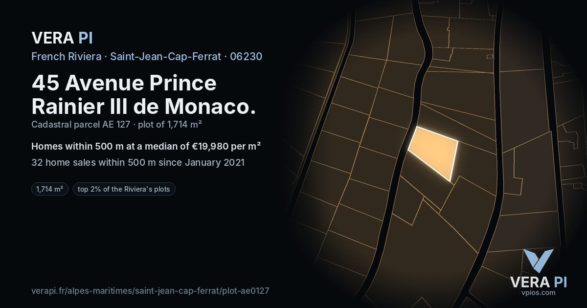 45 Avenue Prince Rainier III de Monaco, Saint-Jean-Cap-Ferrat at night – the plot lit, the parcels around coloured by the prices near them