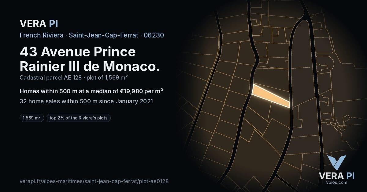 43 Avenue Prince Rainier III de Monaco, Saint-Jean-Cap-Ferrat at night – the plot lit, the parcels around coloured by the prices near them