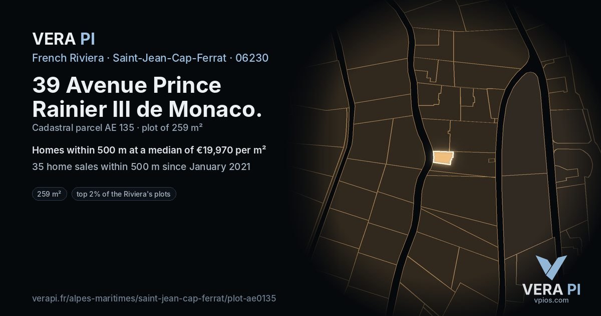 39 Avenue Prince Rainier III de Monaco, Saint-Jean-Cap-Ferrat at night – the plot lit, the parcels around coloured by the prices near them