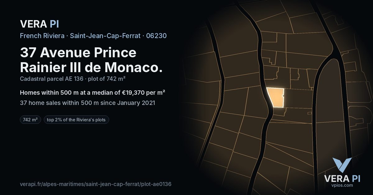 37 Avenue Prince Rainier III de Monaco, Saint-Jean-Cap-Ferrat at night – the plot lit, the parcels around coloured by the prices near them