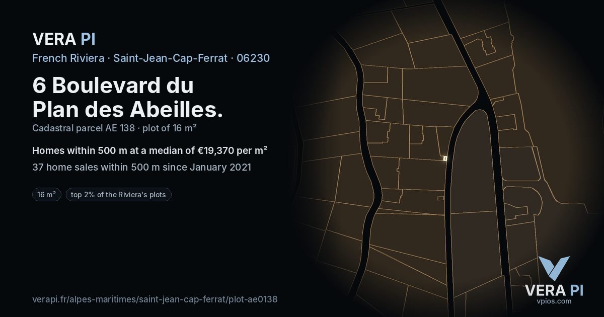 6 Boulevard du Plan des Abeilles, Saint-Jean-Cap-Ferrat at night – the plot lit, the parcels around coloured by the prices near them