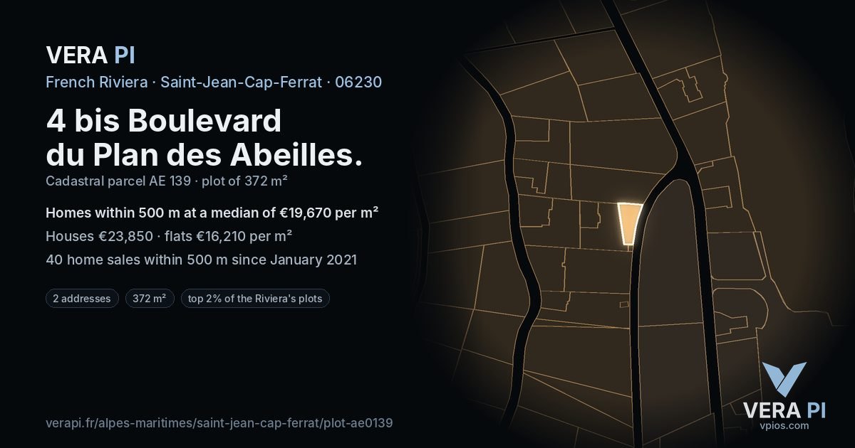 4 bis Boulevard du Plan des Abeilles, Saint-Jean-Cap-Ferrat at night – the plot lit, the parcels around coloured by the prices near them