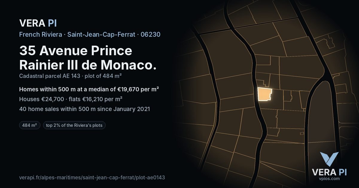 35 Avenue Prince Rainier III de Monaco, Saint-Jean-Cap-Ferrat at night – the plot lit, the parcels around coloured by the prices near them