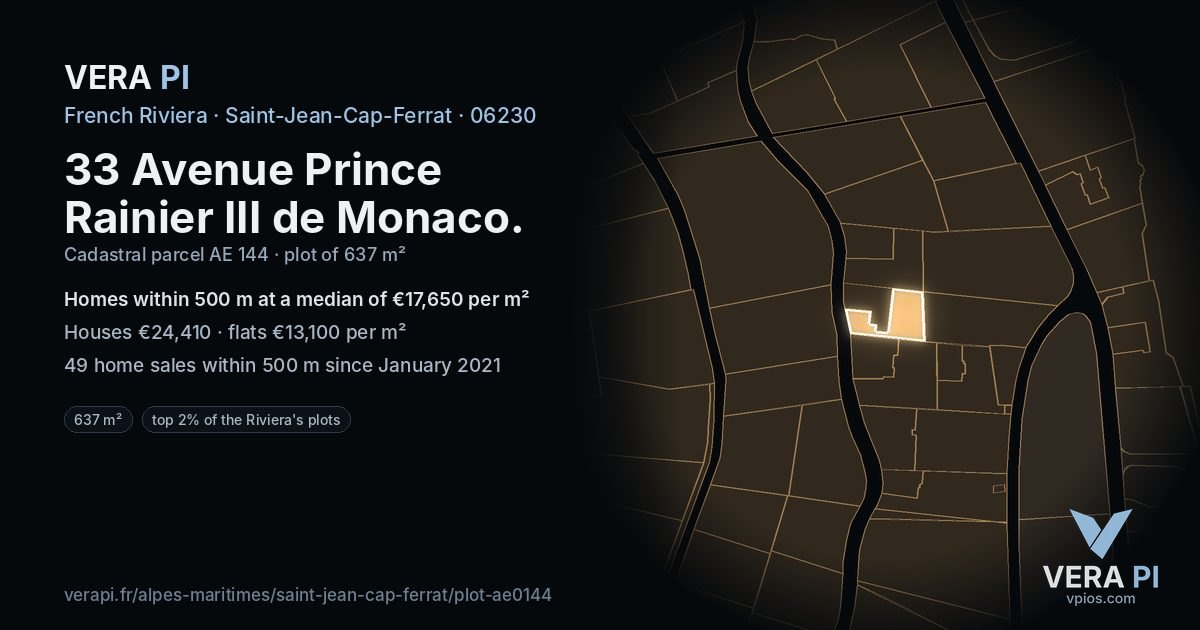 33 Avenue Prince Rainier III de Monaco, Saint-Jean-Cap-Ferrat at night – the plot lit, the parcels around coloured by the prices near them